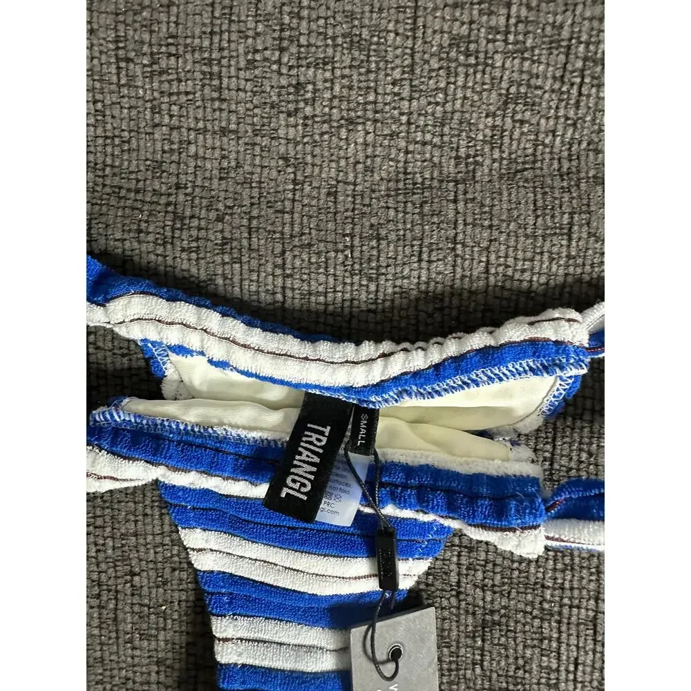 Triangl Terry Cloth Thong Bikini Bottom Blue White Stripe Swim Size S NWT